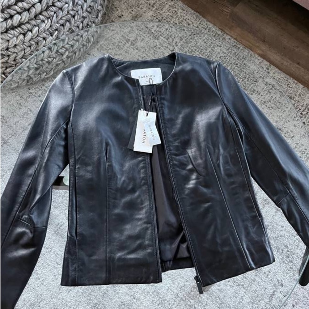 Aritzia Babaton Jett Black Leather Moto Biker Western Lined Winter Sz XXS - Picture 8 of 8